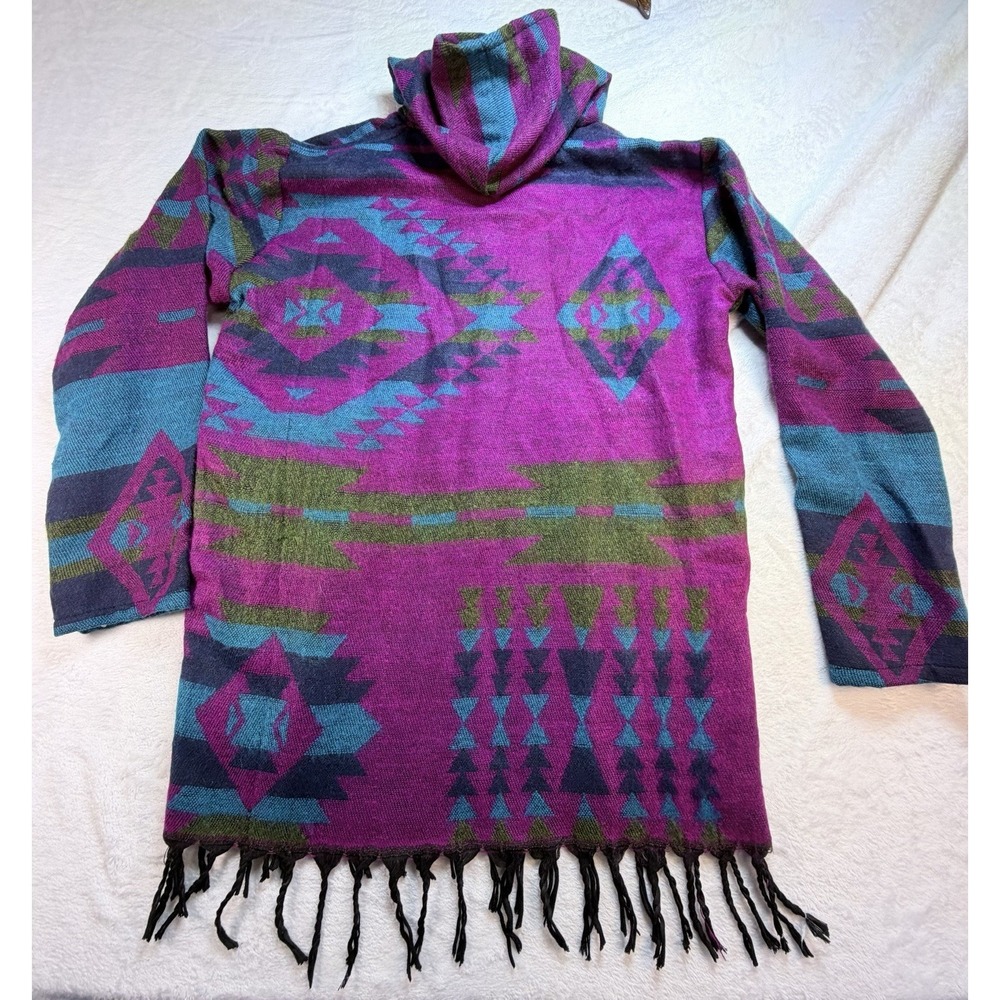Vtg Magic Touch Southwestern 100% Pure Wool Hooded Pullover Fringe India Sz M - Picture 6 of 10